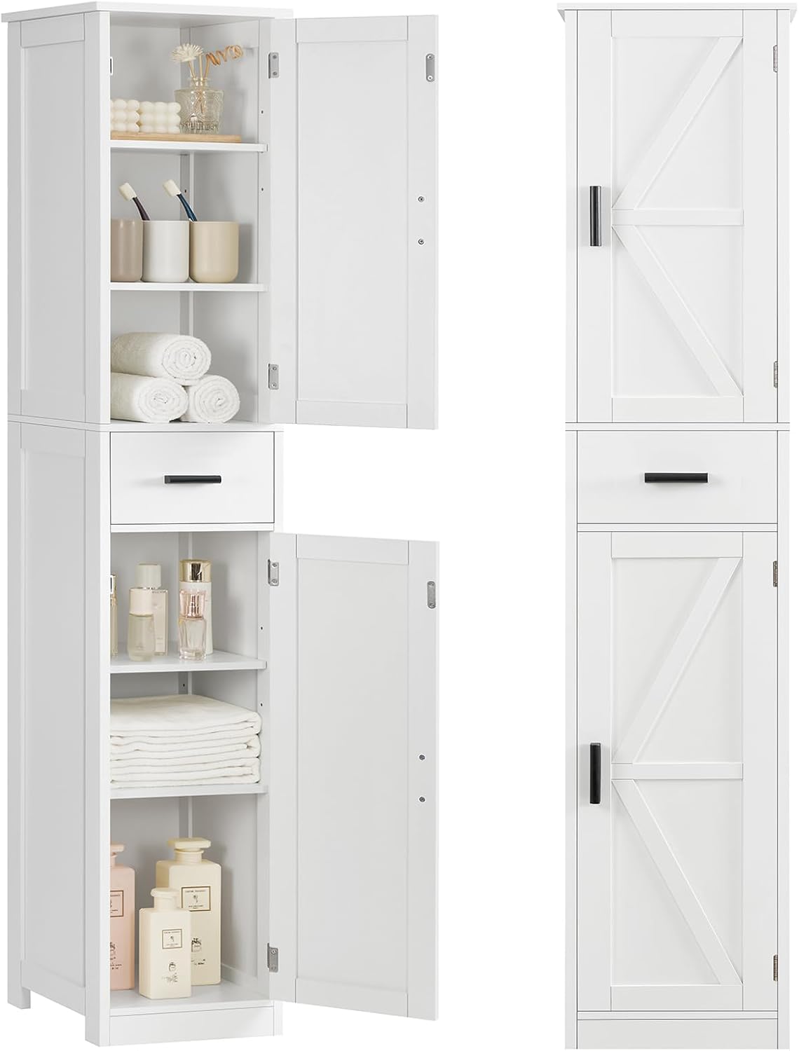 TEENFON 67 Tall Bathroom Cabinet with 6 Shelves & 1 Drawer, Narrow Storage Cabinet with Adjustable Shelves, Silm Cabinets for Bathroom, Living Room, Kitchen, White