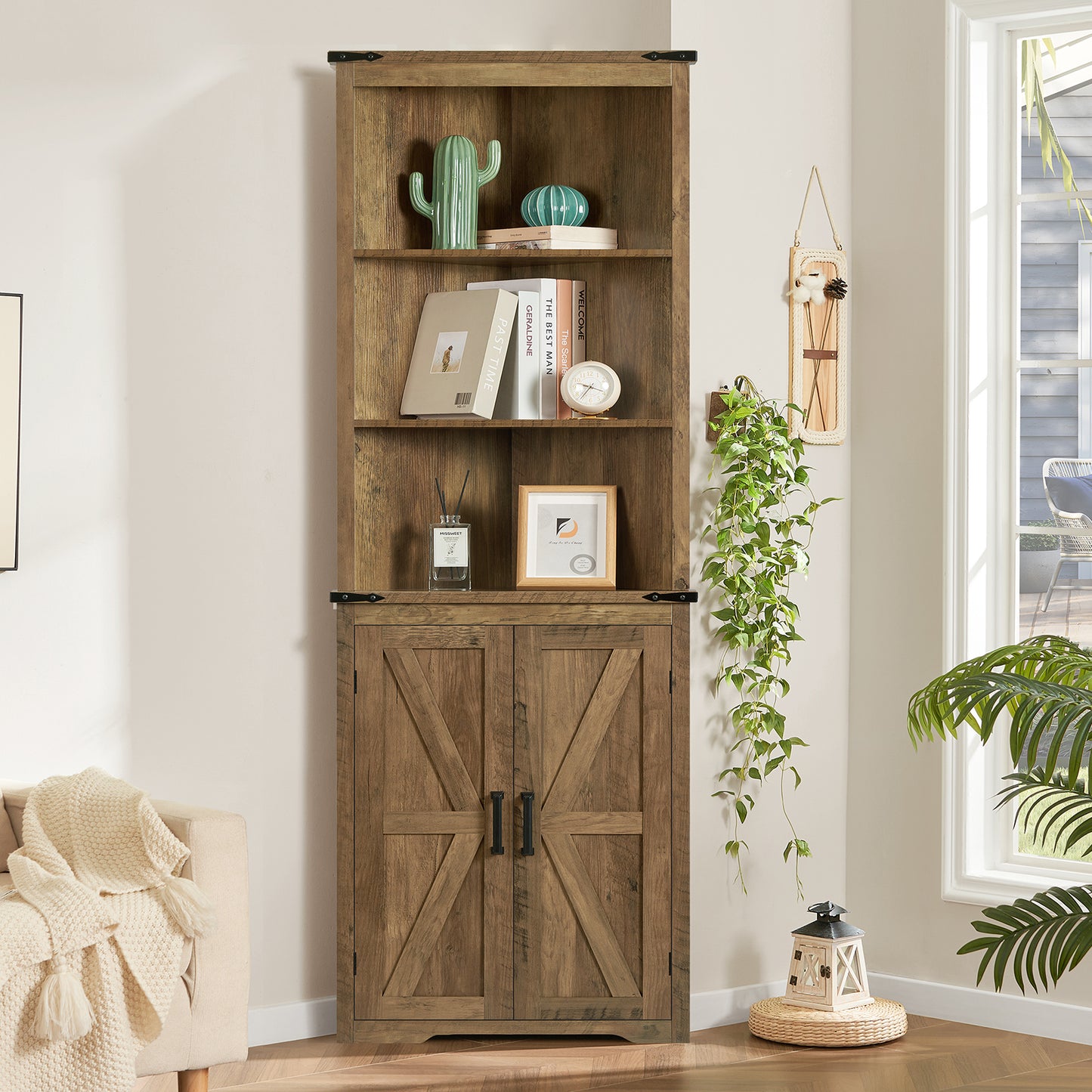 TEENONF Farmhouse Corner Cabinet, 70" H Tall Corner Hutch with 5 Shelves & 2 Barn Doors, Bathroom Cabinet with Adjustable Shelf, for Living Room, Kitchen, Bathroom, White