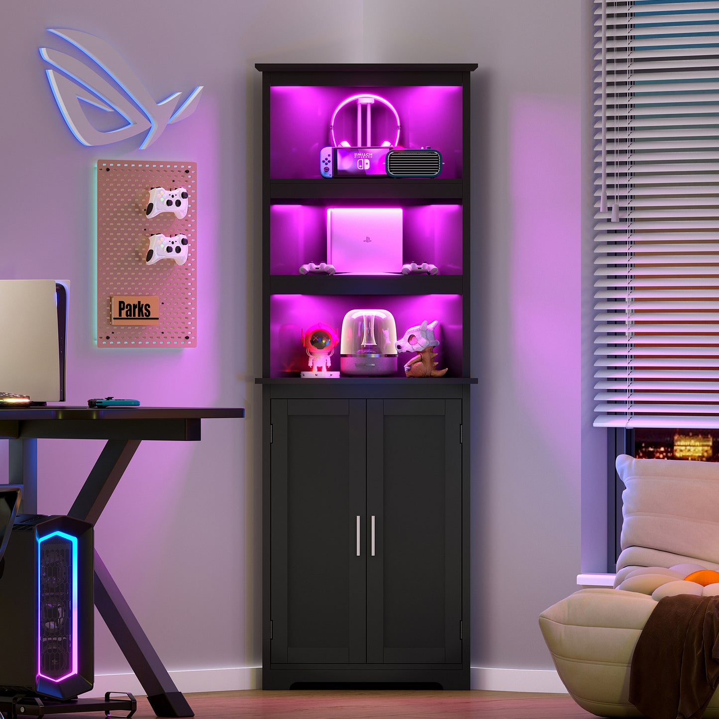 63.7 "H Tall Corner Cabinet with LED Lights, Gothic Style Corner Shelves with Doors, 5-Tier Bathroom Cabinet, Living Room, Dining Room, Black