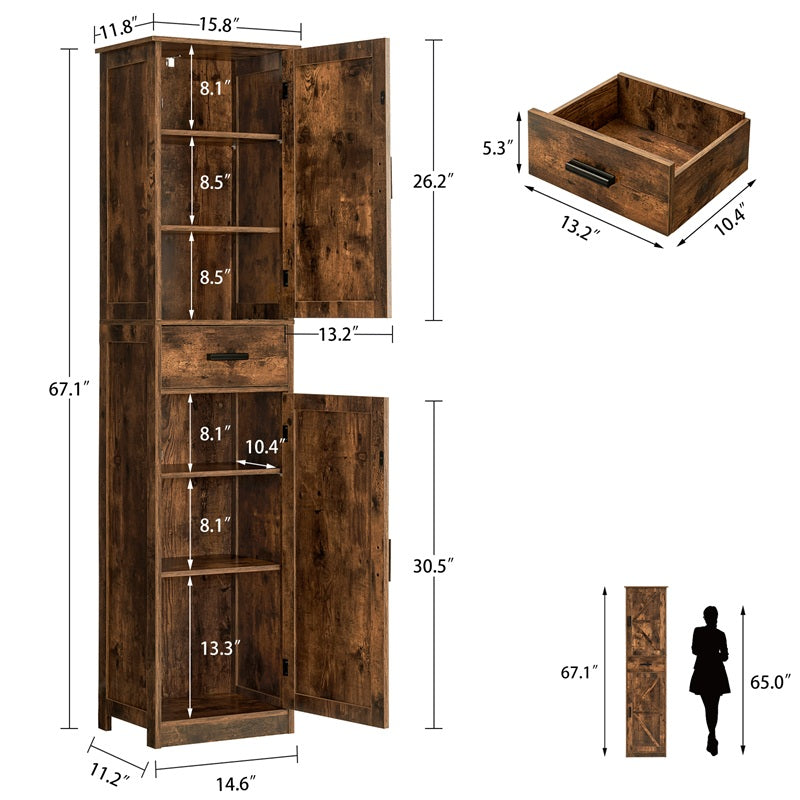 Tall Bathroom Cabinet, Storage Cabinet with 6 Shelves & Drawer, Bathroom Storage Cabinet with Adjustable Shelves, Tall Cabinet for Living Room, Kitchen, Rustic Brown