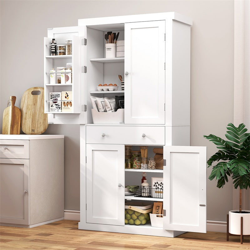 72” Tall Pantry Cabinet, Tall Storage Cabinet with 6 Doors Shelves and 1 Drawer, Kitchen Pantry Cabinet, Cupboard with 4 Door for Kitchen, Dinging Room, Living Room, Whit