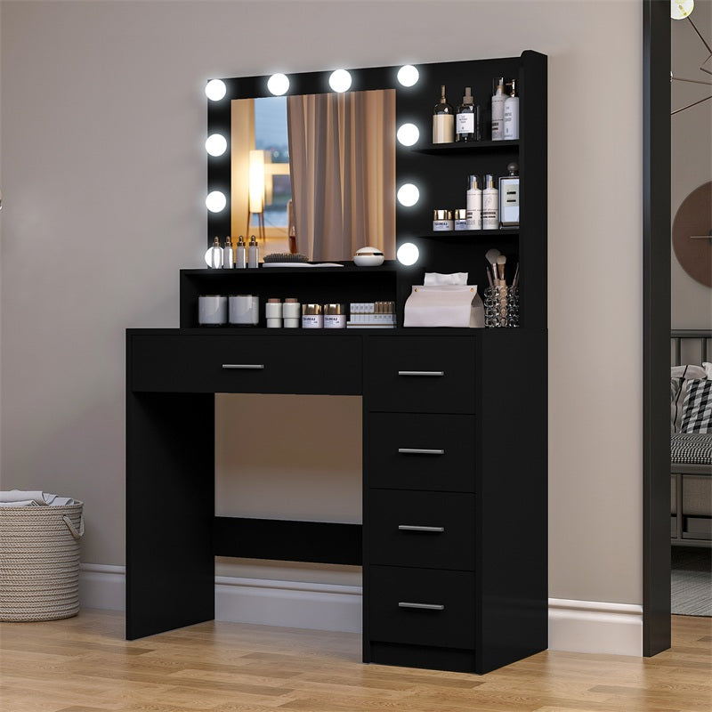 Makeup Vanity Desk with Mirror, 10 Lights, 5 Drawers, 3 Storage Shelves, 3 Color Modes & Adjustable Brightness Dressing Table, 35.4” Desk, Black