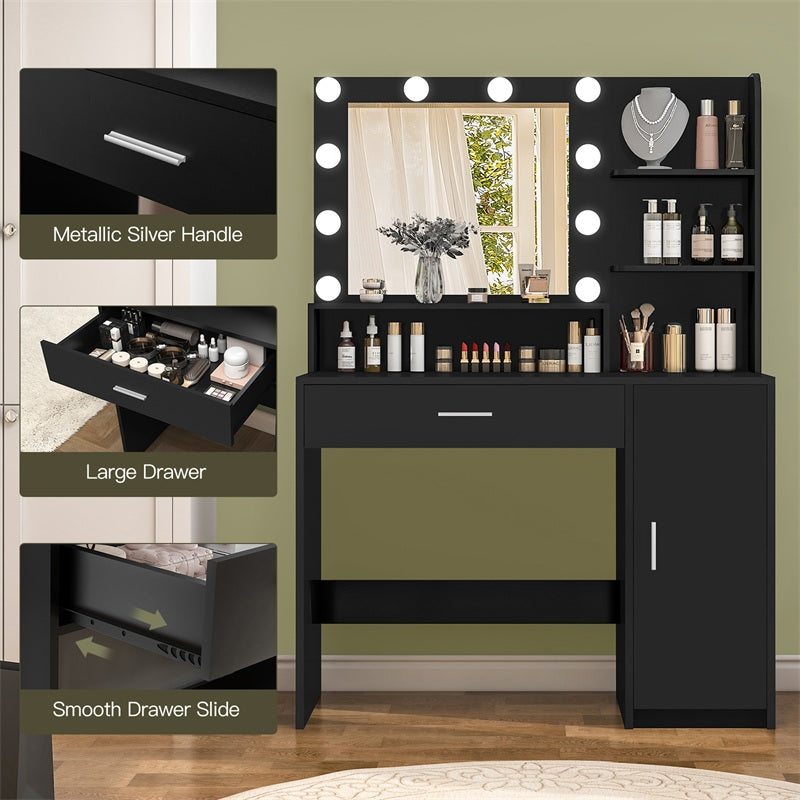 Vanity Desk with 10 Lights & Mirror, 3 Storage Shelf, Big Drawer, Cabinet with Shelves, 3 Lighting Modes & Adjustable Brightness Dressing Table, Small Makeup Vanity, 35.4” Desk, Black