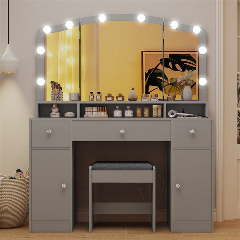 Vanity Desk with Triple Folding Mirror, Makeup Vanity with Power Outlet, Vanity Desk with 10 Lights, 3 Drawers & 2 Cabinets, Makeup Vanity Table with Soft Cushioned Stool for Women, Bedroom, Grey