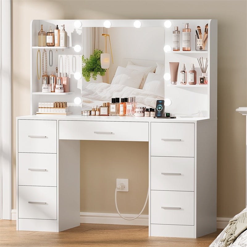 Large Makeup Vanity, 43.3" Vanity Desk with Mirror and Lights, Makeup Vanity Table with 7 Drawers, 4 Shelves, 5 Jewel Hooks & Power Strip, Vanity Desk Set for Bedroom, White