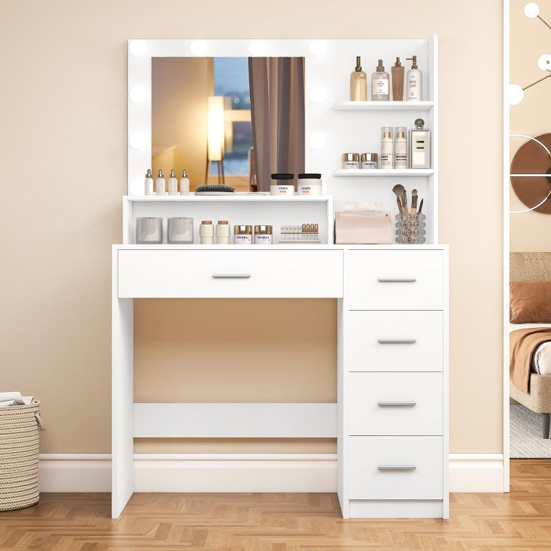 Makeup Vanity Desk with Mirror, 10 Lights, 5 Drawers, 3 Storage Shelves, 3 Color Modes & Adjustable Brightness Dressing Table, 35.4” Desk, White
