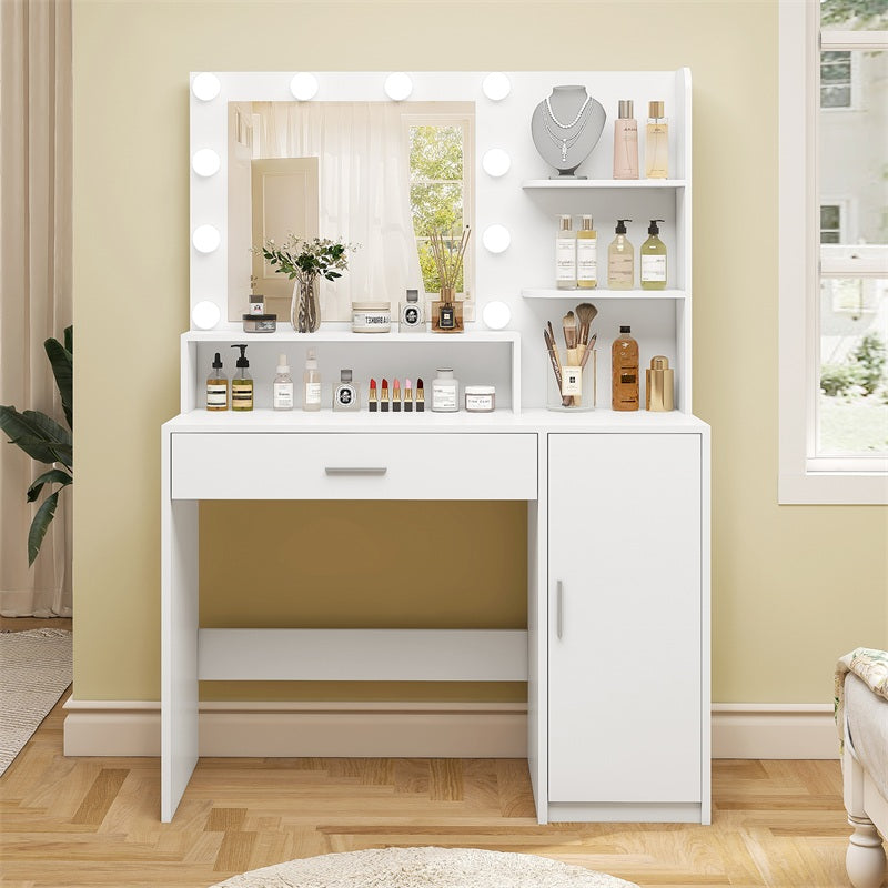Vanity Desk with 10 Lights & Mirror, 3 Storage Shelf, Big Drawer, Cabinet with Shelves, 3 Lighting Modes & Adjustable Brightness Dressing Table, Small Makeup Vanity, 35.4” Desk, White