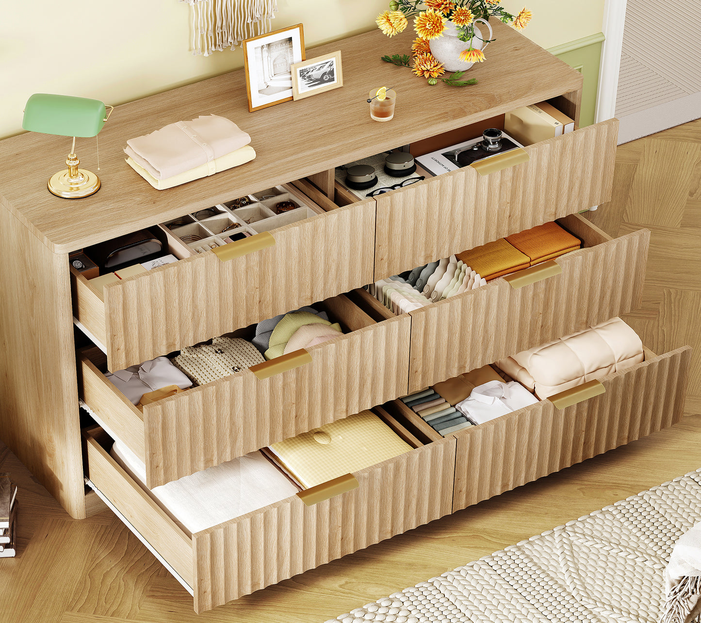 TEENFON 6 Drawer Dresser for Bedroom, Fluted Dresser with Deep Drawers, Modern Chest of Drawers, Wood Closet Clothes Storage Organizer for Bedroom, Living Room, Hallway, Natural