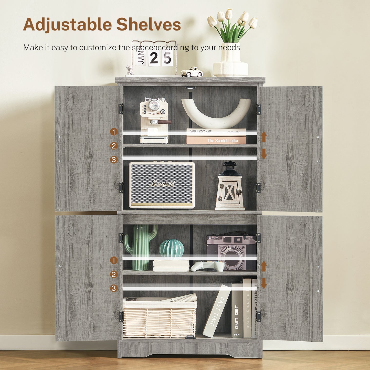 TEENFON Farmhouse Storage Cabinet with 2 Adjustable Shelves, Bathroom Cabinet with 4 Doors, Cupboard for Kitchen, Living Room, Rustic Gray