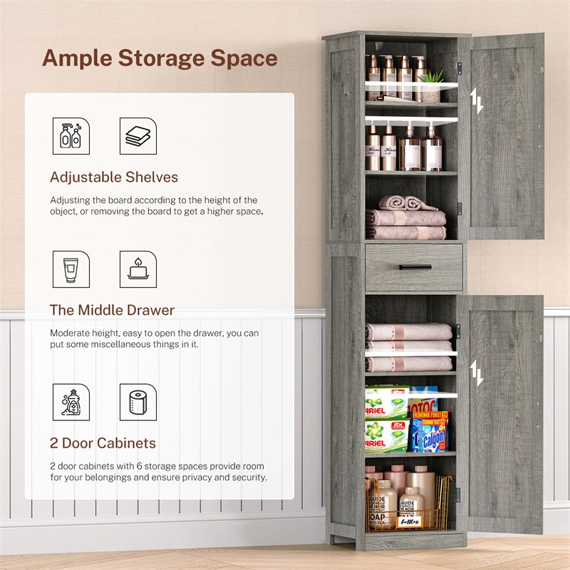 Tall Bathroom Cabinet, Storage Cabinet with 6 Shelves & Drawer, Bathroom Storage Cabinet with Adjustable Shelves, Tall Cabinet for Living Room, Kitchen, Woodgrain Gray
