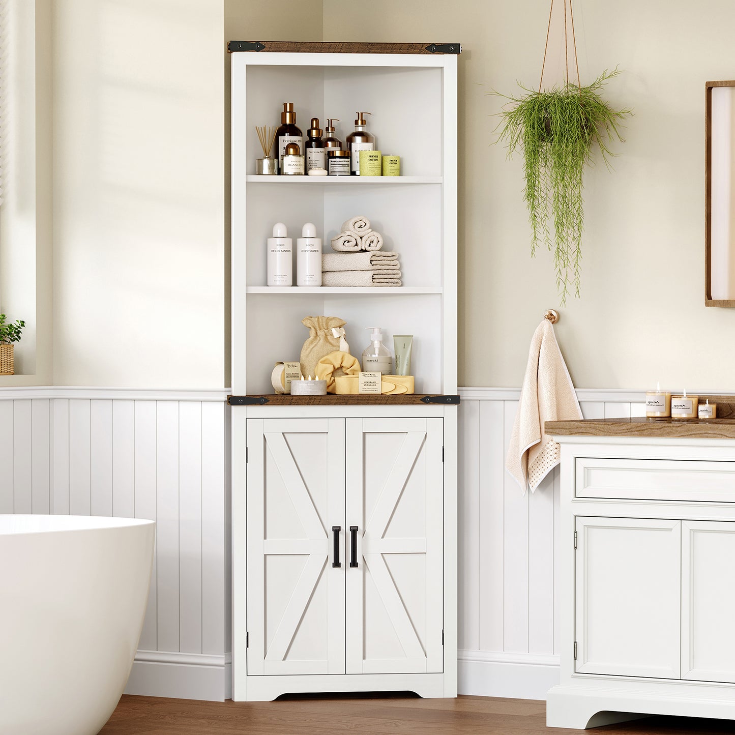 TEENONF Farmhouse Corner Cabinet, 70" H Tall Corner Hutch with 5 Shelves & 2 Barn Doors, Bathroom Cabinet with Adjustable Shelf, for Living Room, Kitchen, Bathroom, White