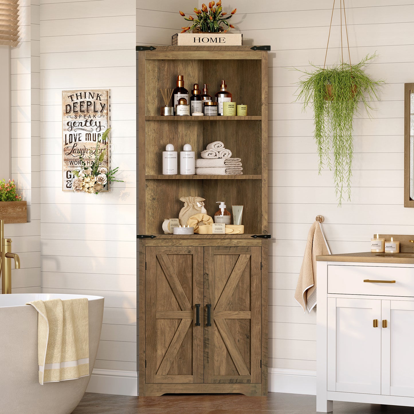 TEENONF Farmhouse Corner Cabinet, 70" H Tall Corner Hutch with 5 Shelves & 2 Barn Doors, Bathroom Cabinet with Adjustable Shelf, for Living Room, Kitchen, Bathroom, White