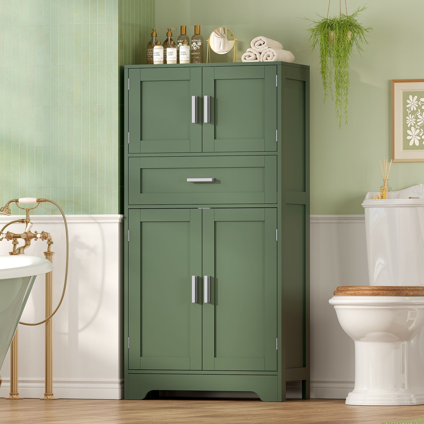 TEENFON Bathroom Floor Storage Cabinet with Adjustable Shelf, Freestanding Storage Cabinet with 4 Doors, Cupboard for Living Room, Home Office, Entryway, Forest Green