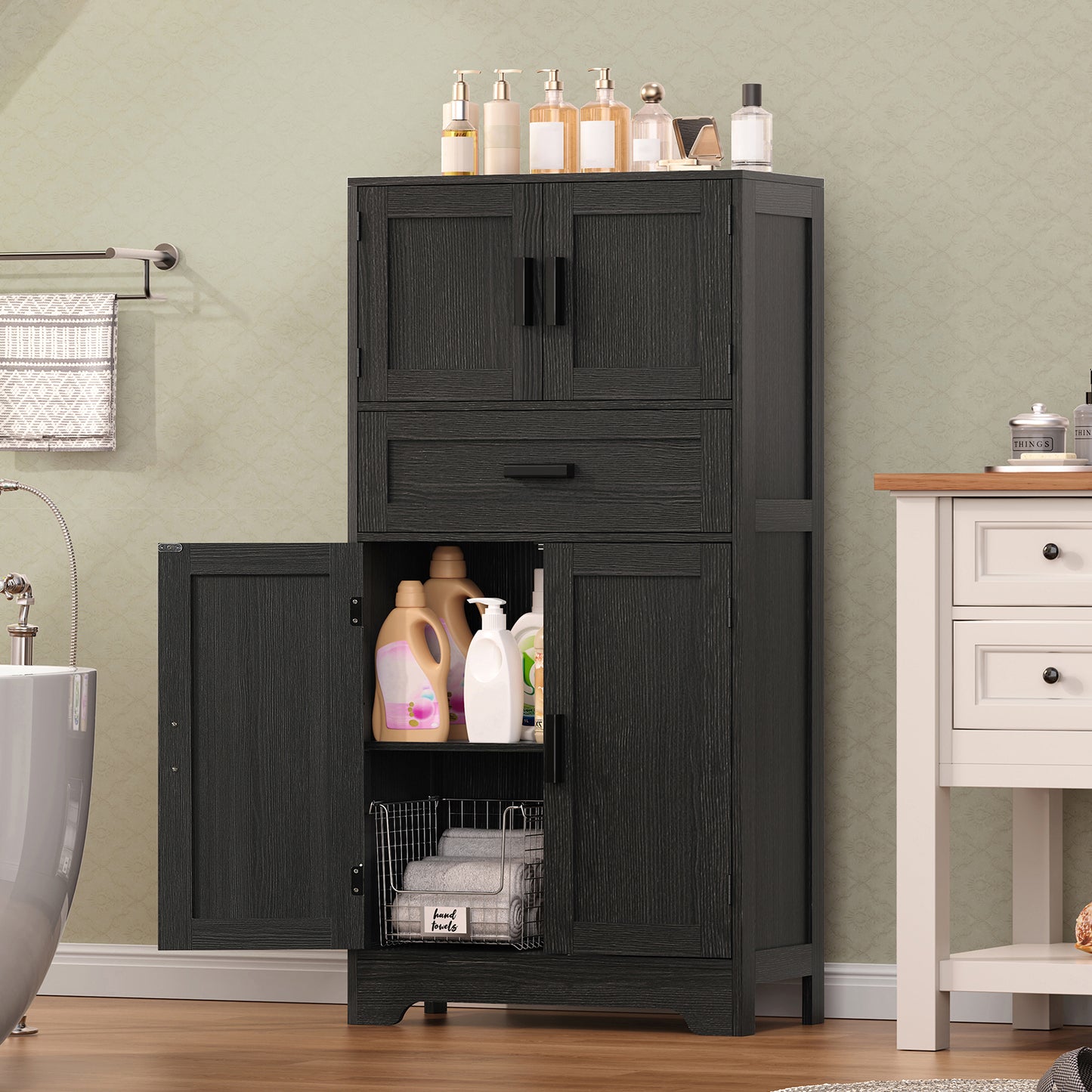 TEENFON 47.2" H Storage Cabinet with Adjustable Shelf & Large Drawer, Cabinet for Living Room, Home Office, Entryway, Rustic Black