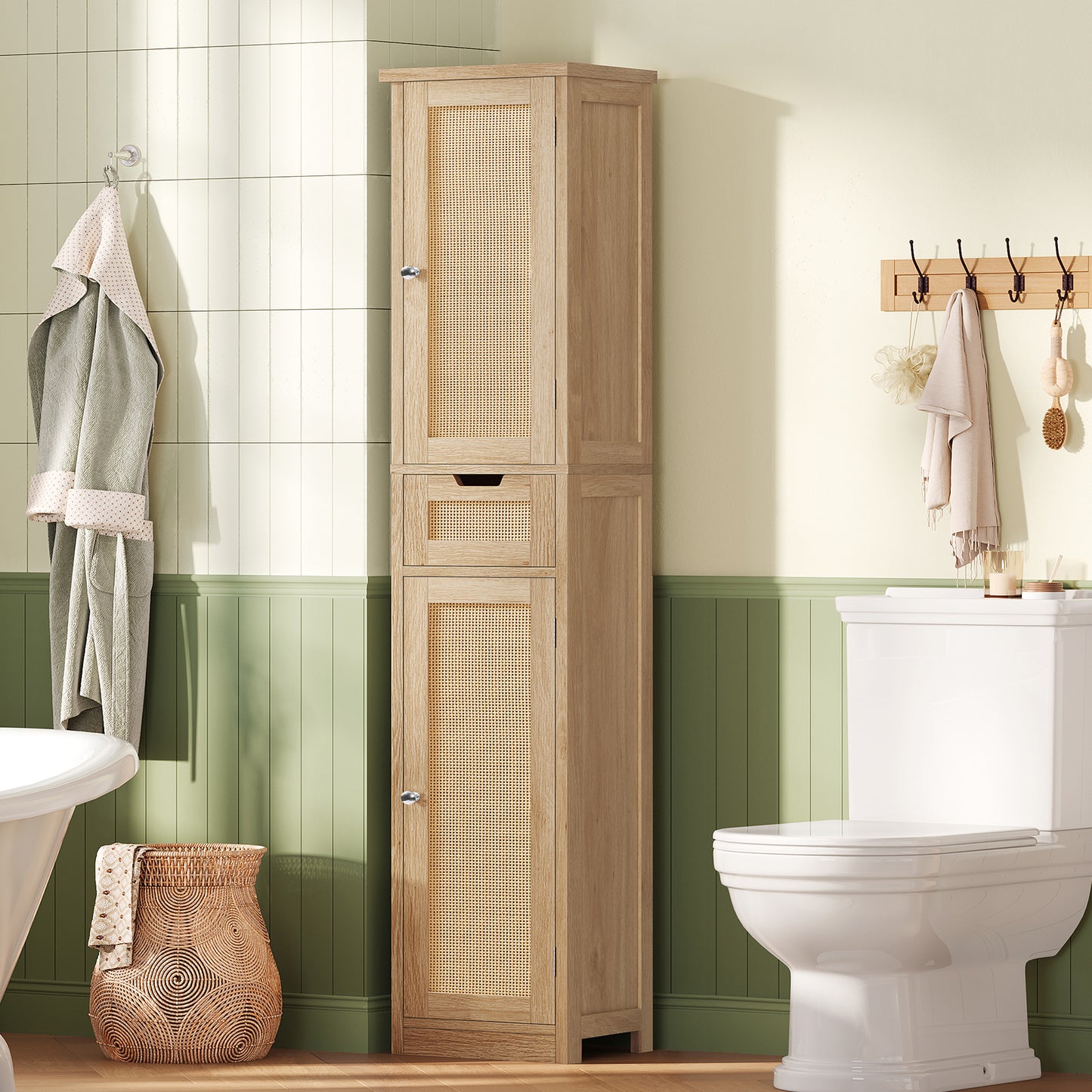 Iwell Tall Bathroom Cabinet, Slim Narrow Storage Cabinet with Adjustable Shelves, Rattan Cabinets with 1 Drawer, for Bathroom, Living Room, Entryway, Kitchen, Nature