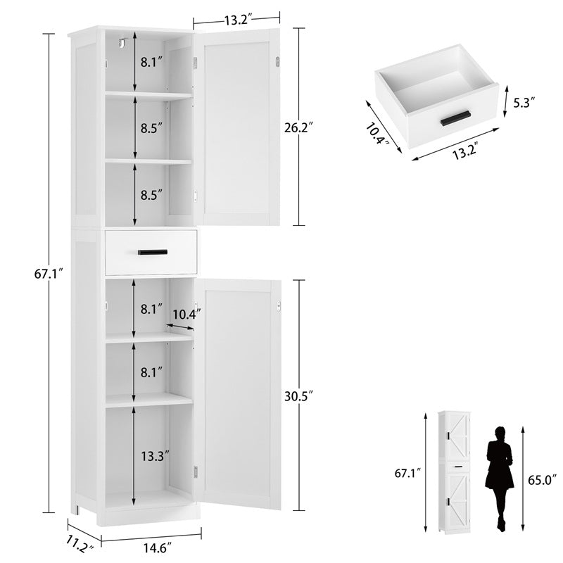 Tall Bathroom Cabinet, Storage Cabinet with 6 Shelves & Drawer, Bathroom Storage Cabinet with Adjustable Shelves, Tall Cabinet for Living Room, Kitchen, White