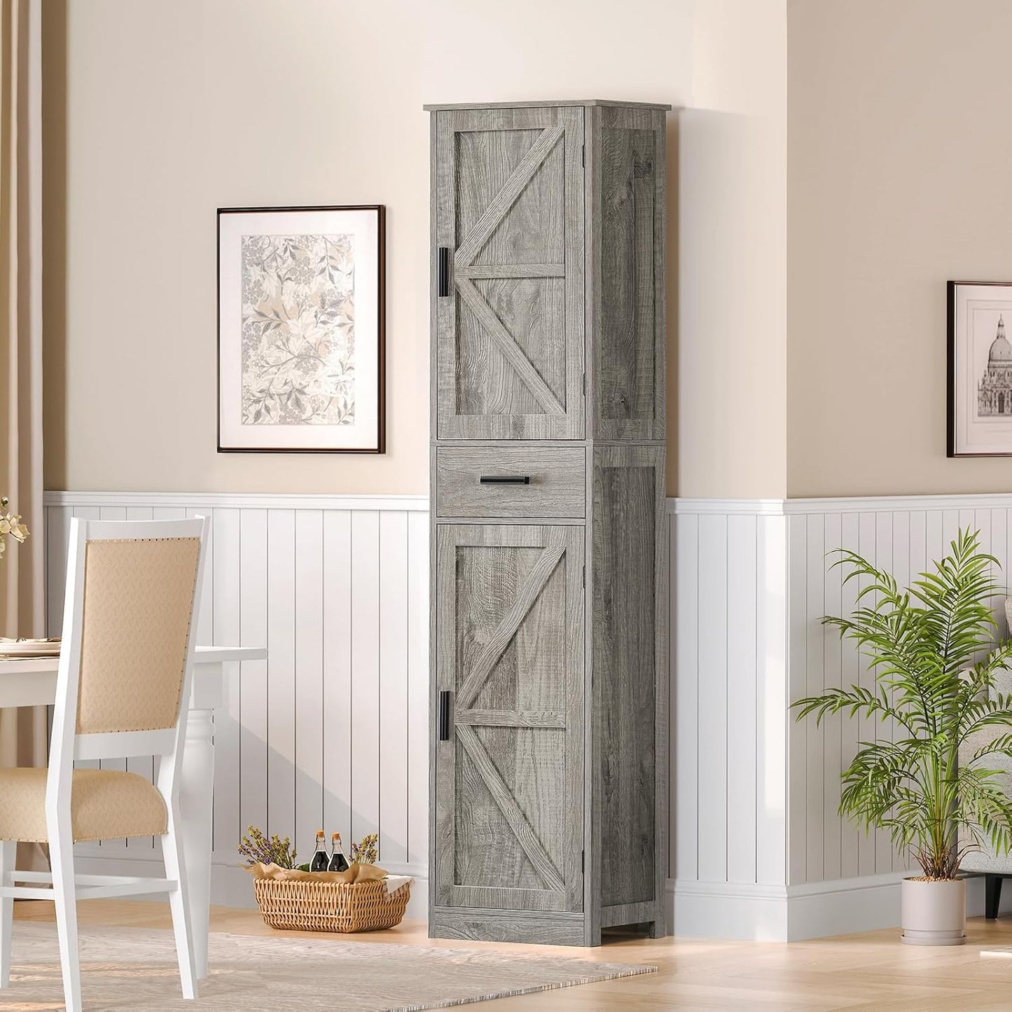 TEENFON Tall Bathroom Cabinet, Storage Cabinet with 6 Shelves & Drawer, Bathroom Storage Cabinet with Adjustable Shelves, Tall Cabinet for Living Room, Home Office, Grey