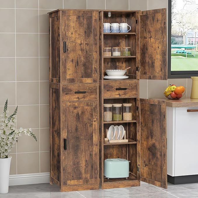 TEENFON 67'' Tall Storage Cabinet with Adjustable Shelves & 2 Doors, Bathroom Cabinet with 1 Drawer, Narrow Tall Cabinets for Living Room, Home Office, Rustic Brown