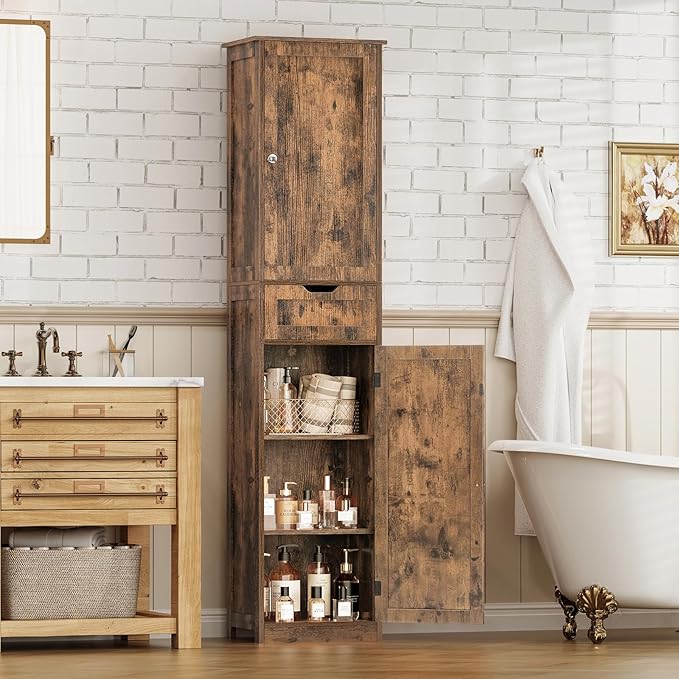TEENFON 67" Tall Storage Cabinet, Bathroom Cabinet with Drawer & Adjustable Shelves, Narrow Storage Cabinet, Floor Cabinet for Living Room, Home Office, Rustic Brown