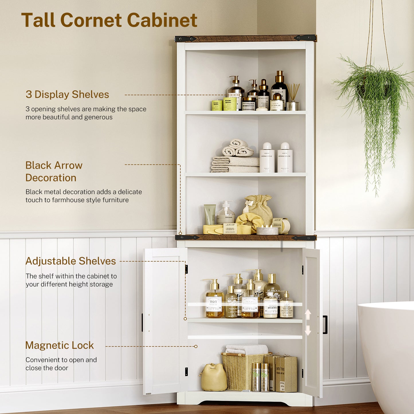 TEENONF Farmhouse Corner Cabinet, 70" H Tall Corner Hutch with 5 Shelves & 2 Barn Doors, Bathroom Cabinet with Adjustable Shelf, for Living Room, Kitchen, Bathroom, White