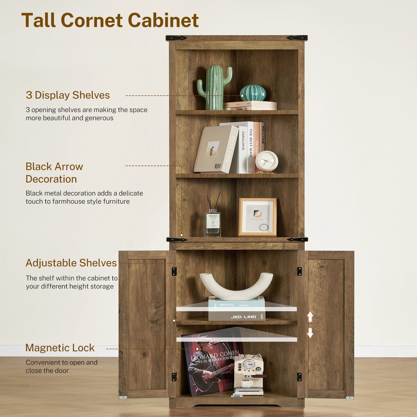 TEENONF Farmhouse Corner Cabinet, 70" H Tall Corner Hutch with 5 Shelves & 2 Barn Doors, Bathroom Cabinet with Adjustable Shelf, for Living Room, Kitchen, Bathroom, White