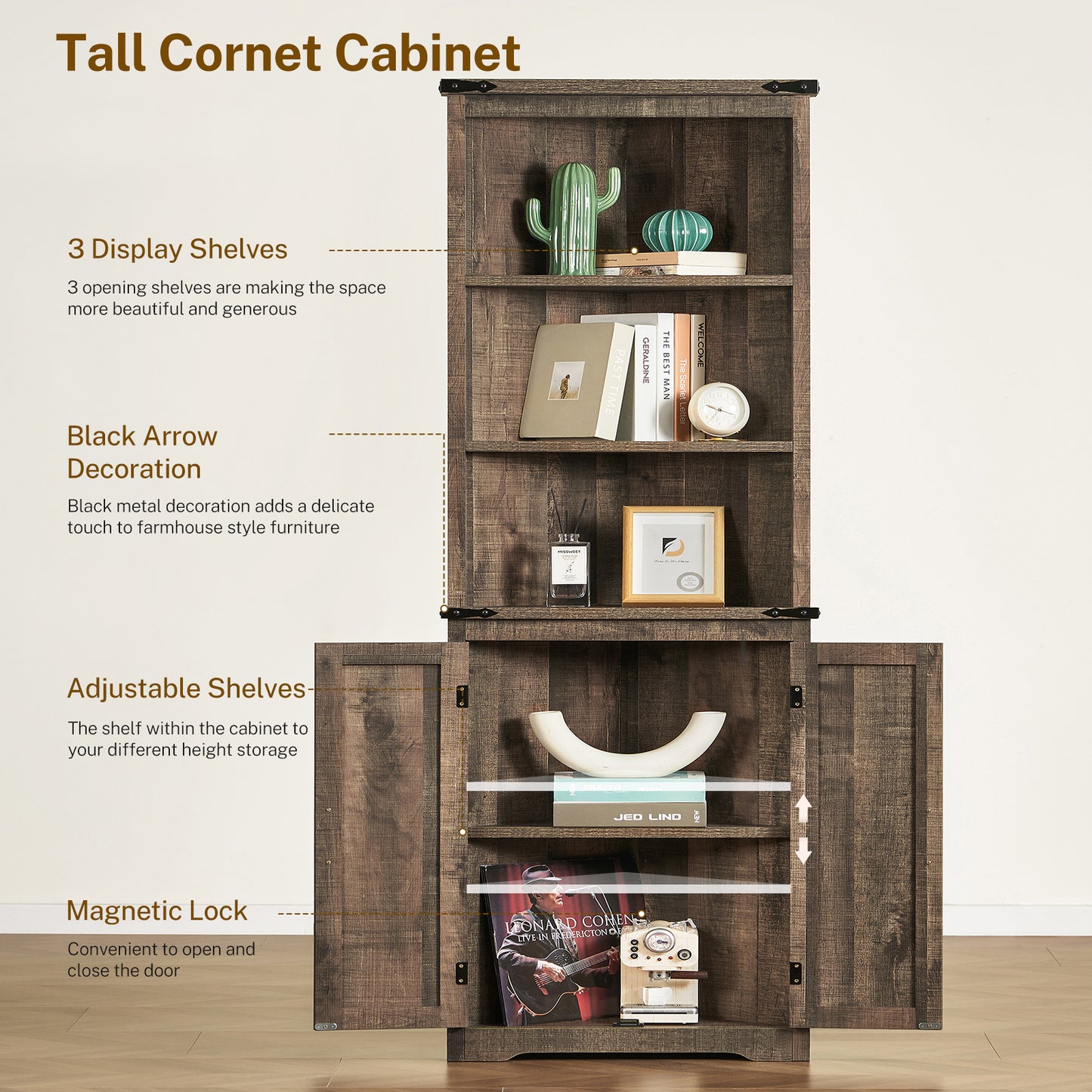 TEENONF Farmhouse Corner Cabinet, 70" H Tall Corner Hutch with 5 Shelves & 2 Barn Doors, Bathroom Cabinet with Adjustable Shelf, for Living Room, Kitchen, Bathroom, White
