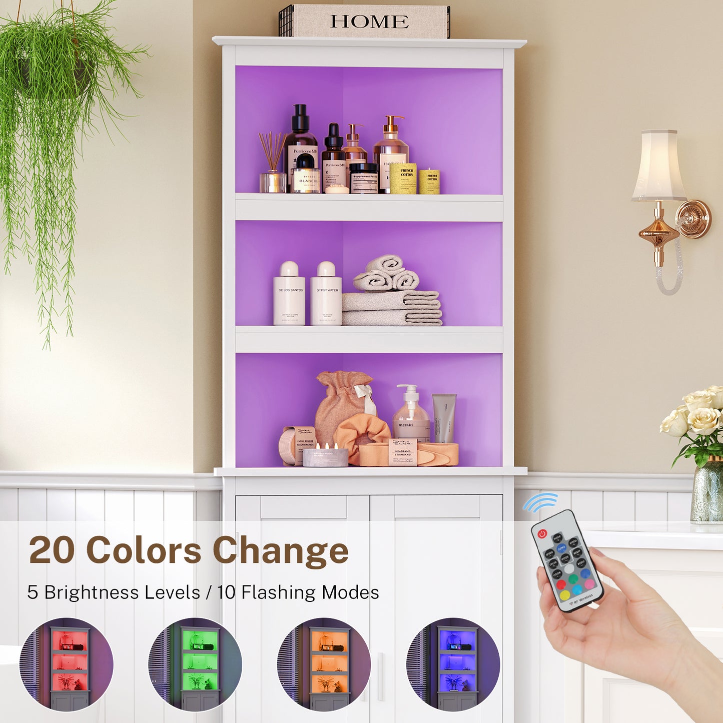 63.7 "H Tall Corner Cabinet with LED Lights, Gothic Style Corner Shelves with Doors, 5-Tier Bathroom Cabinet, Living Room, Dining Room, Black