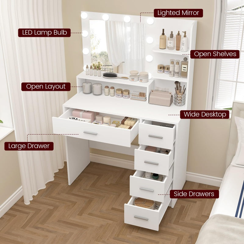 Makeup Vanity Desk with Mirror, 10 Lights, 5 Drawers, 3 Storage Shelves, 3 Color Modes & Adjustable Brightness Dressing Table, 35.4” Desk, White