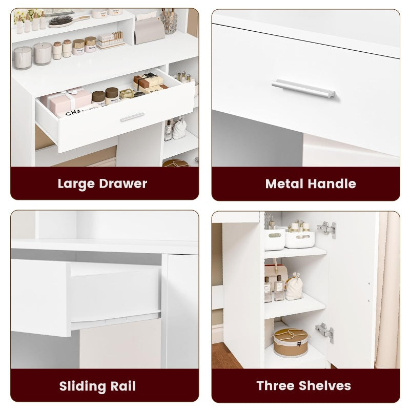 Vanity Desk with 10 Lights & Mirror, 3 Storage Shelf, Big Drawer, Cabinet with Shelves, 3 Lighting Modes & Adjustable Brightness Dressing Table, Small Makeup Vanity, 35.4” Desk, White