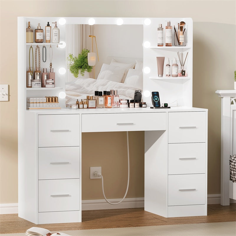 Large Makeup Vanity, 43.3" Vanity Desk with Mirror and Lights, Makeup Vanity Table with 7 Drawers, 4 Shelves, 5 Jewel Hooks & Power Strip, Vanity Desk Set for Bedroom, White