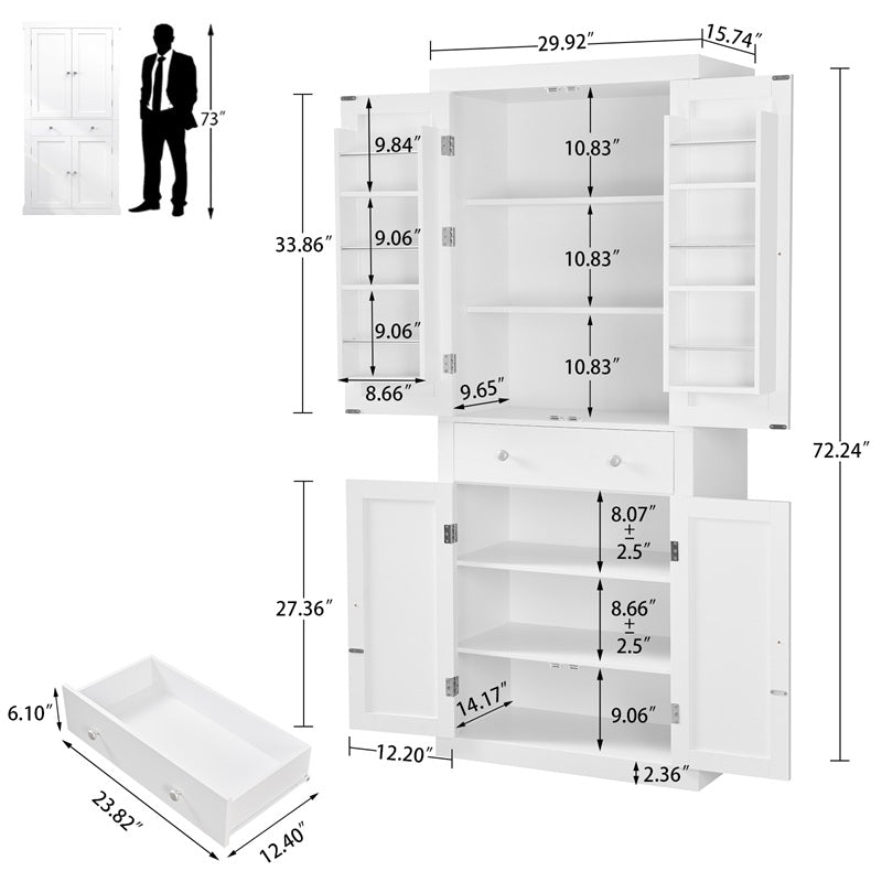 72” Tall Pantry Cabinet, Tall Storage Cabinet with 6 Doors Shelves and 1 Drawer, Kitchen Pantry Cabinet, Cupboard with 4 Door for Kitchen, Dinging Room, Living Room, Whit