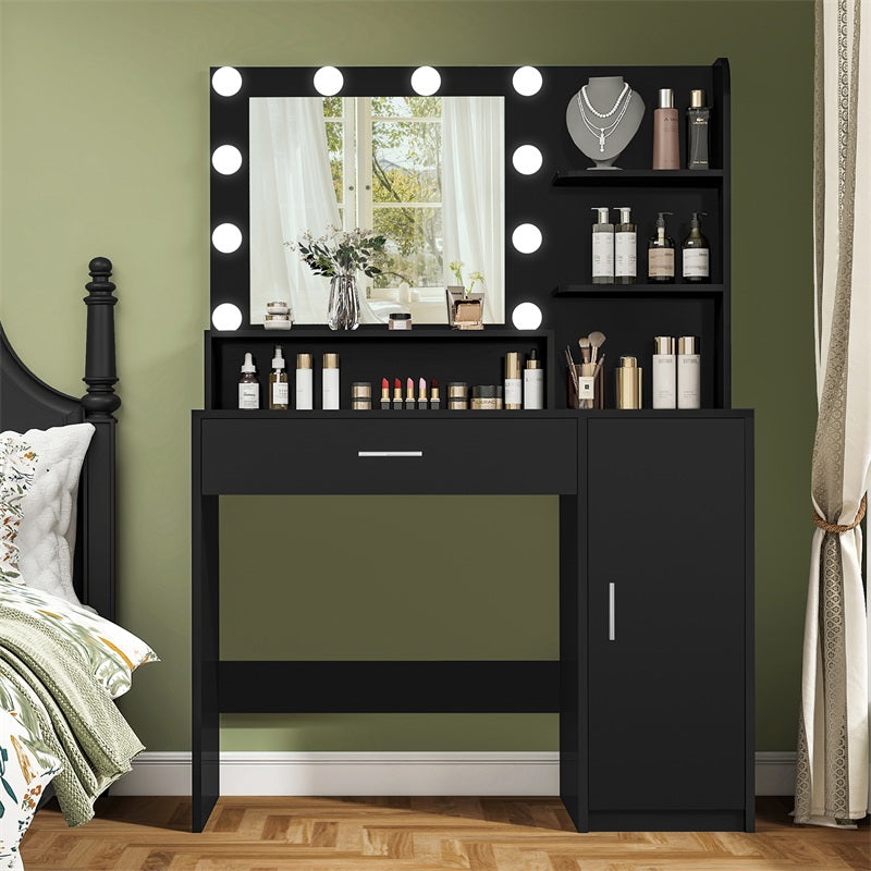 Vanity Desk with 10 Lights & Mirror, 3 Storage Shelf, Big Drawer, Cabinet with Shelves, 3 Lighting Modes & Adjustable Brightness Dressing Table, Small Makeup Vanity, 35.4” Desk, Black