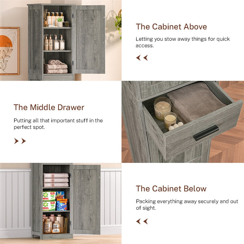 Tall Bathroom Cabinet, Storage Cabinet with 6 Shelves & Drawer, Bathroom Storage Cabinet with Adjustable Shelves, Tall Cabinet for Living Room, Kitchen, Woodgrain Gray