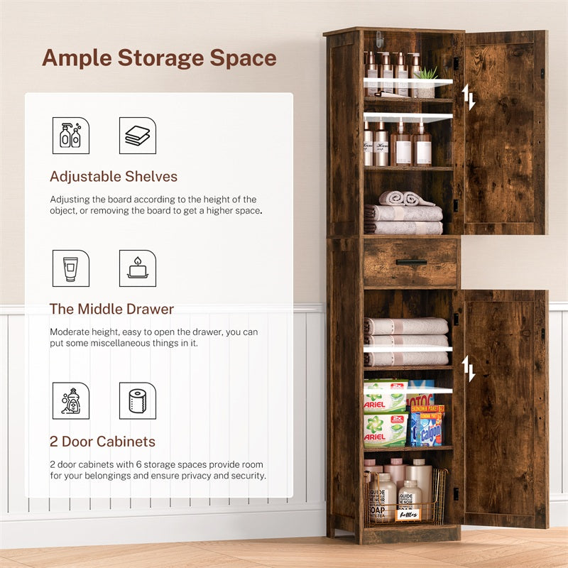 Tall Bathroom Cabinet, Storage Cabinet with 6 Shelves & Drawer, Bathroom Storage Cabinet with Adjustable Shelves, Tall Cabinet for Living Room, Kitchen, Rustic Brown