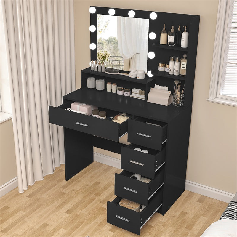 Makeup Vanity Desk with Mirror, 10 Lights, 5 Drawers, 3 Storage Shelves, 3 Color Modes & Adjustable Brightness Dressing Table, 35.4” Desk, Black