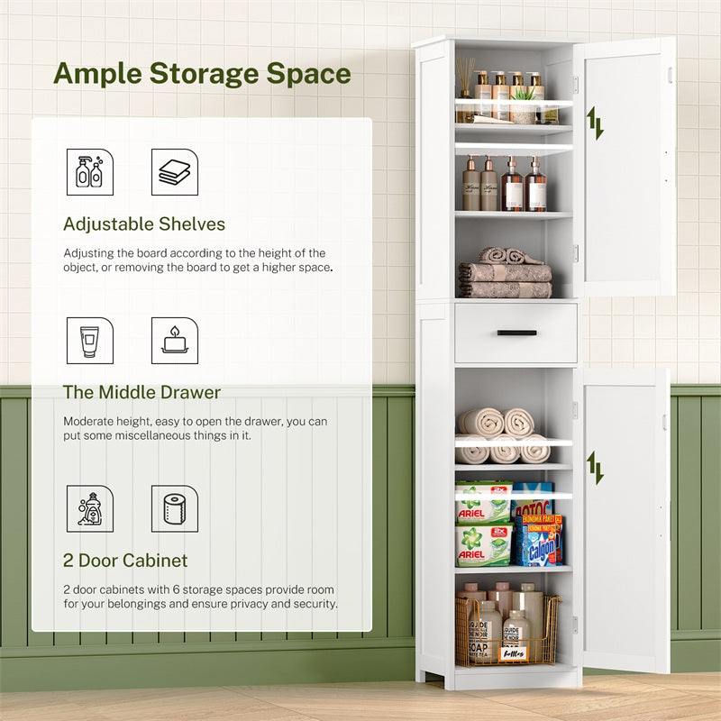 Tall Bathroom Cabinet, Storage Cabinet with 6 Shelves & Drawer, Bathroom Storage Cabinet with Adjustable Shelves, Tall Cabinet for Living Room, Kitchen, White