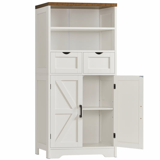 TEENFON 49.6''H Tall Storage Cabinet with Adjustable Shelf & 2 Drawers, Cupboard, Bathroom Floor Farmhouse Cabinet for Living Room, Entryway, Home Office, White