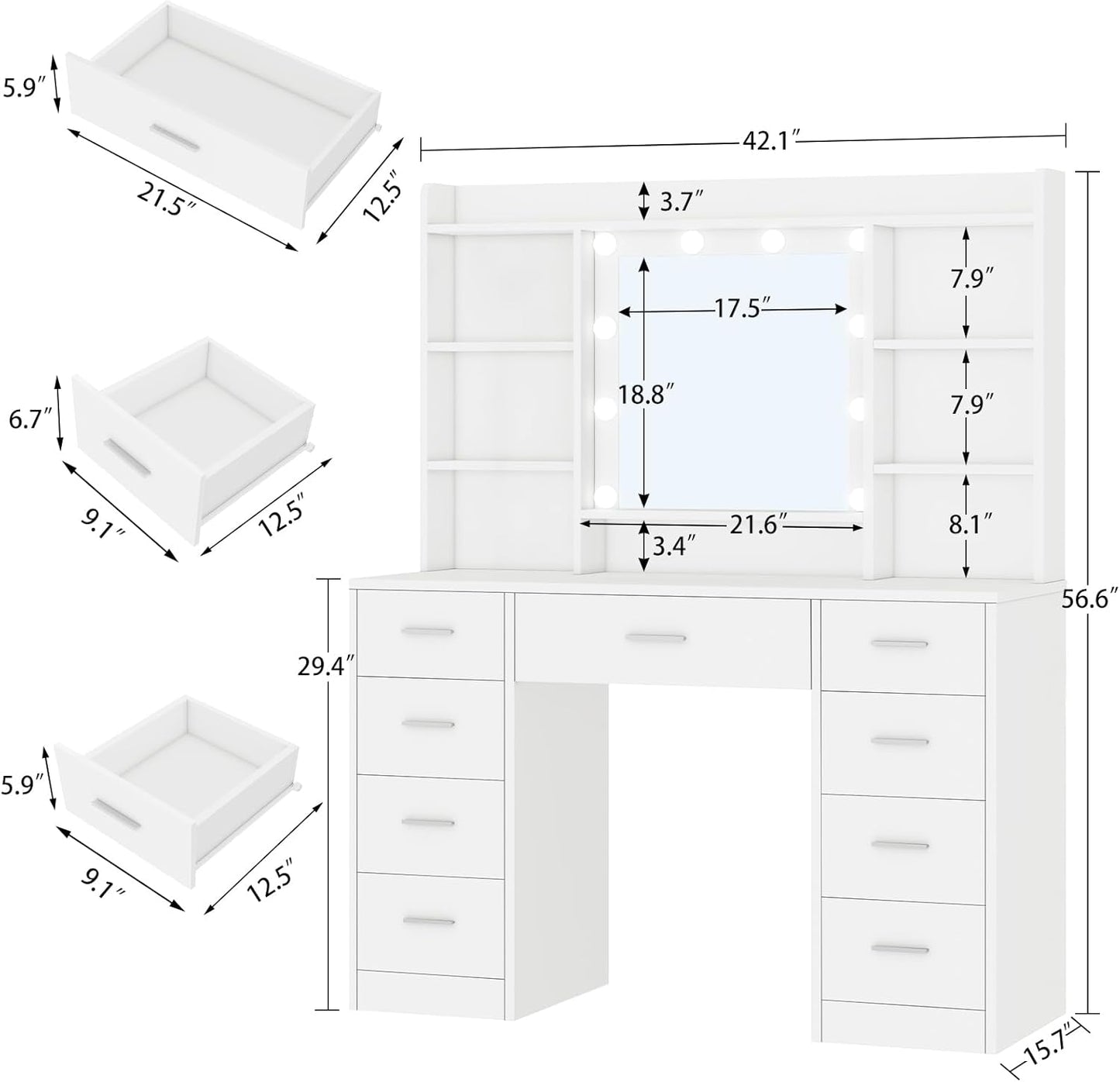 TEENFON Vanity Desk with Mirror and Lights, Power Outlet, Makeup Vanity with 9 Drawers & 6 Open Storage Shelves, 3 Lighting Modes Brightness Adjustable, White