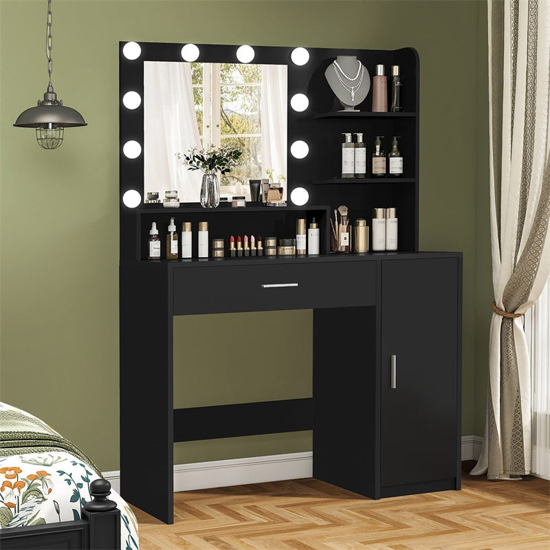 Vanity Desk with 10 Lights & Mirror, 3 Storage Shelf, Big Drawer, Cabinet with Shelves, 3 Lighting Modes & Adjustable Brightness Dressing Table, Small Makeup Vanity, 35.4” Desk, Black