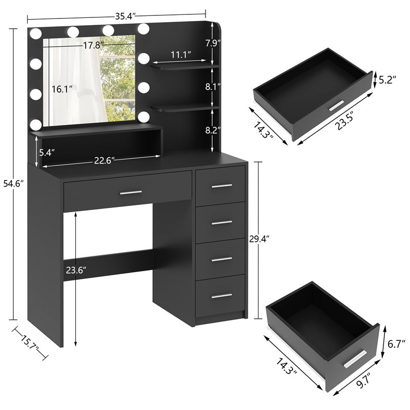 Makeup Vanity Desk with Mirror, 10 Lights, 5 Drawers, 3 Storage Shelves, 3 Color Modes & Adjustable Brightness Dressing Table, 35.4” Desk, Black