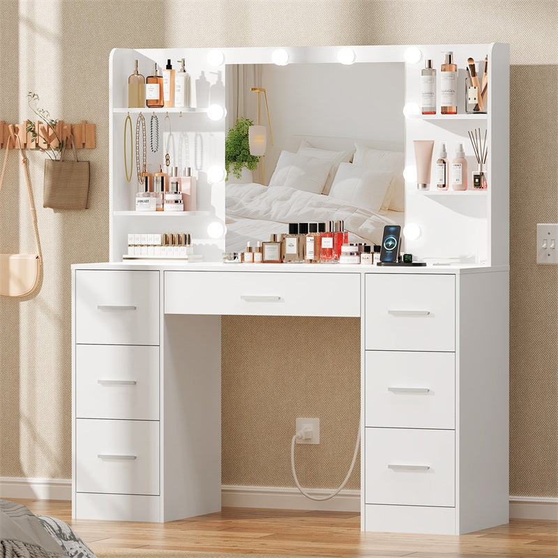 Large Makeup Vanity, 43.3" Vanity Desk with Mirror and Lights, Makeup Vanity Table with 7 Drawers, 4 Shelves, 5 Jewel Hooks & Power Strip, Vanity Desk Set for Bedroom, White