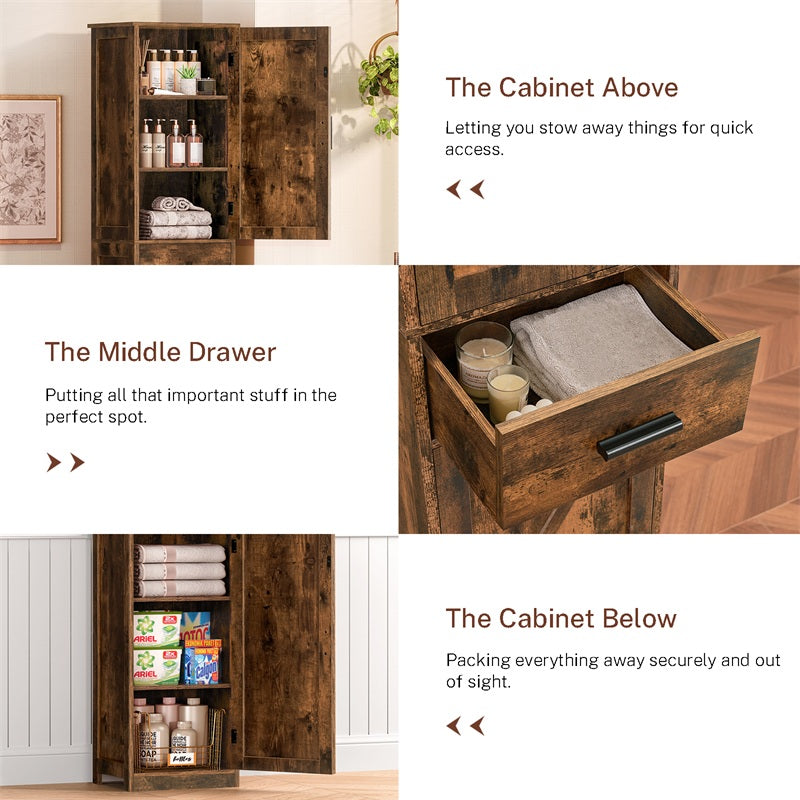 Tall Bathroom Cabinet, Storage Cabinet with 6 Shelves & Drawer, Bathroom Storage Cabinet with Adjustable Shelves, Tall Cabinet for Living Room, Kitchen, Rustic Brown