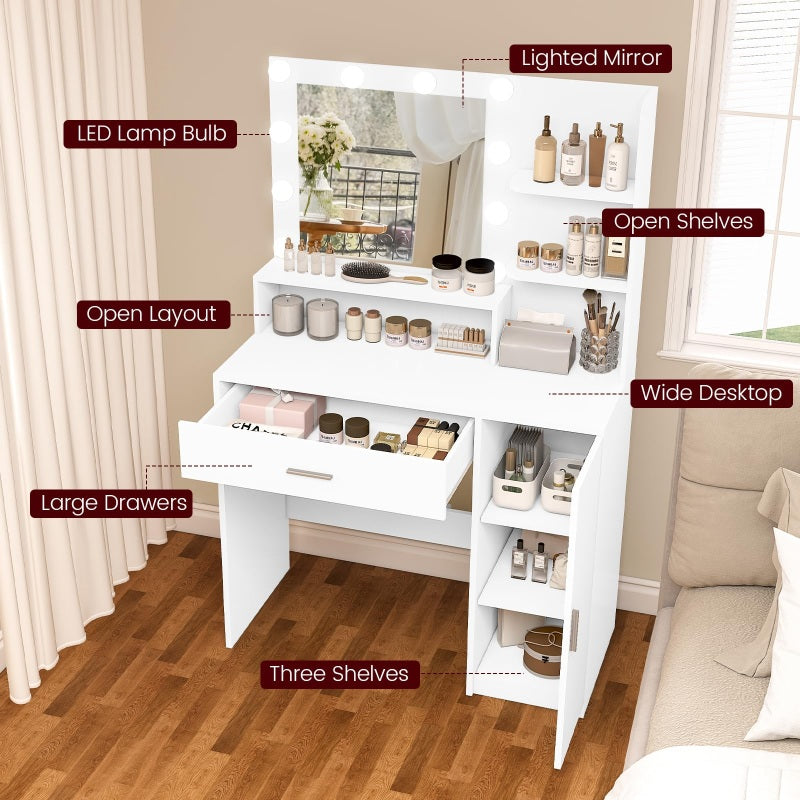 Vanity Desk with 10 Lights & Mirror, 3 Storage Shelf, Big Drawer, Cabinet with Shelves, 3 Lighting Modes & Adjustable Brightness Dressing Table, Small Makeup Vanity, 35.4” Desk, White
