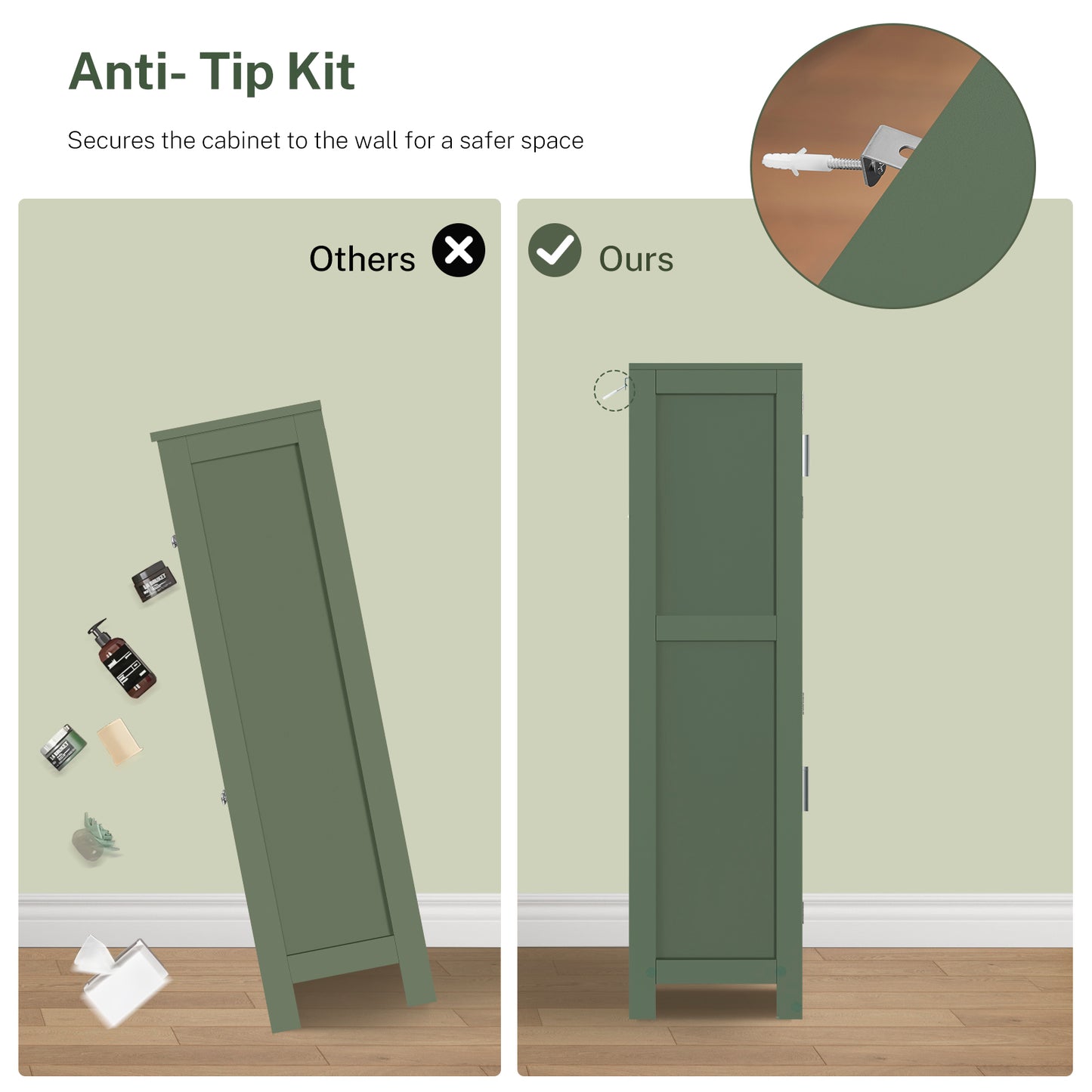 TEENFON Bathroom Floor Storage Cabinet with Adjustable Shelf, Freestanding Storage Cabinet with 4 Doors, Cupboard for Living Room, Home Office, Entryway, Forest Green