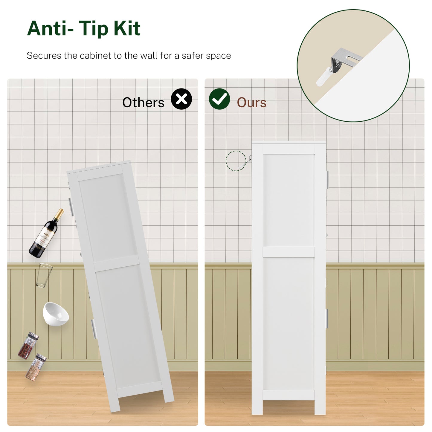 TEENFON Bathroom Storage Cabinet with Adjustable Shelf & Large Drawer, Tall Storage Cabinet with 4 Doors, Kitchen Pantry Storage Cabinets, for Living Room, Dining Room, Home Office, Entryway