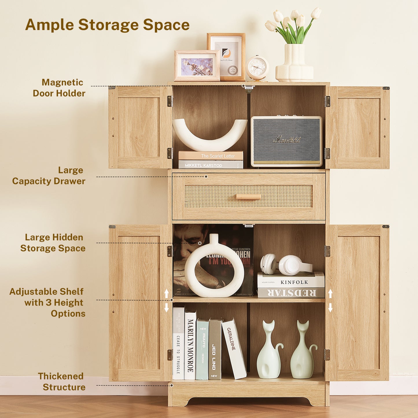 TEENFON 47.2" H Tall Storage Cabinet with Adjustable Shelf, Rattan Cabinet with Large Drawer, Cupboard for Living Room, Dining Room, Entryway, Home Office, Natural