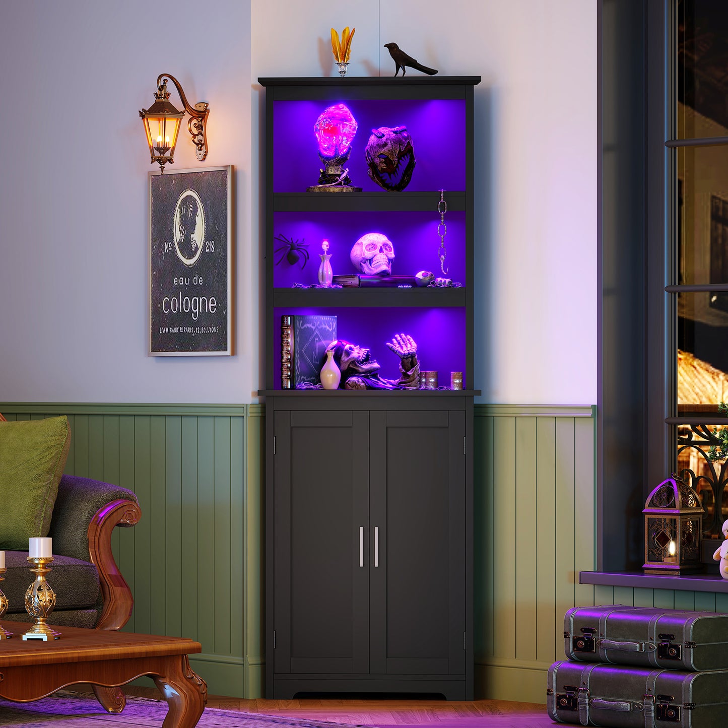 63.7 "H Tall Corner Cabinet with LED Lights, Gothic Style Corner Shelves with Doors, 5-Tier Bathroom Cabinet, Living Room, Dining Room, Black