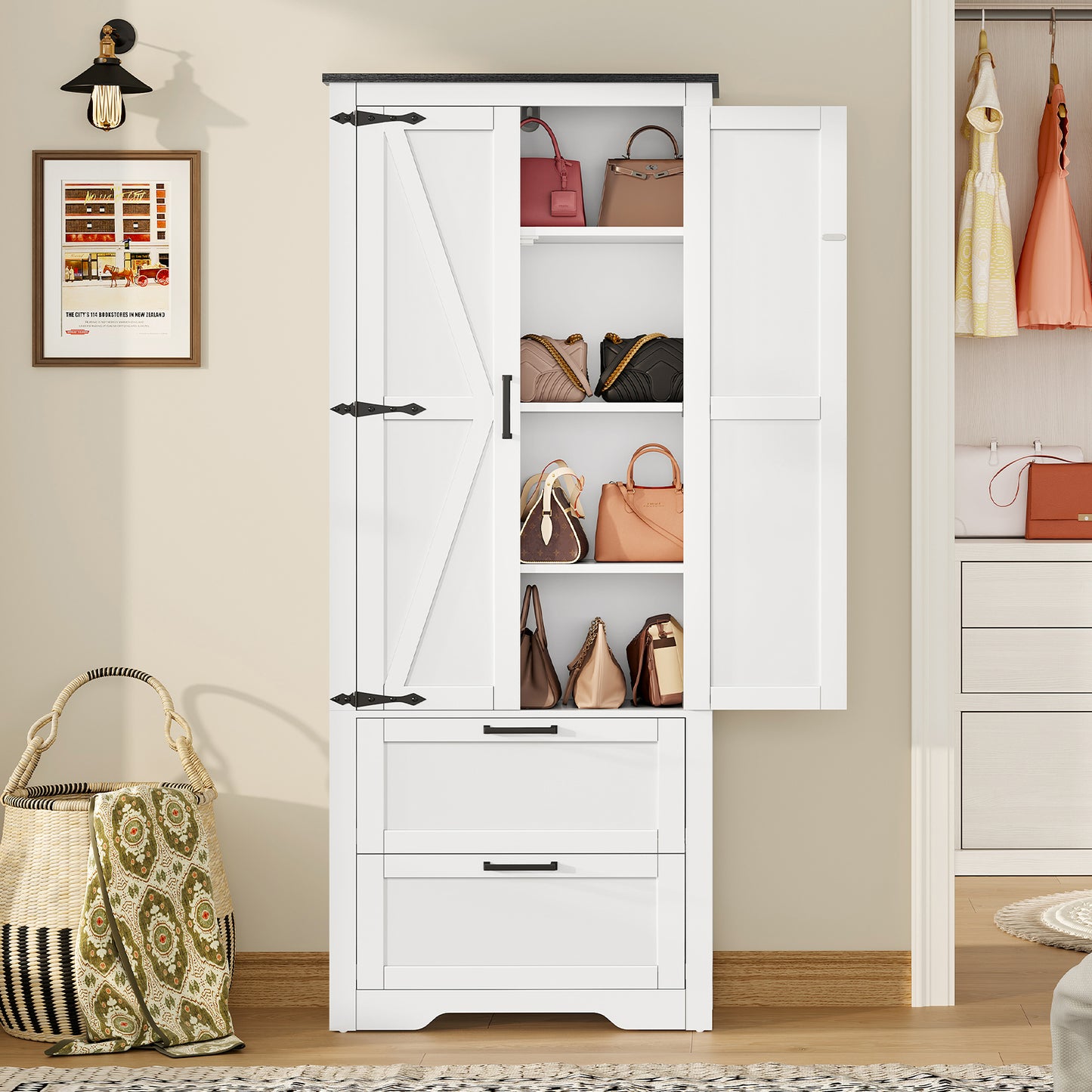 TEENFON 66.2" H Storage Cabinet with 2 Drawers, Farmhouse Kitchen Pantry Cabinet with 2 Doors & Adjustable Shelf, Bathroom Cabinet, for Living Room, Kitchen, Bathroom, White