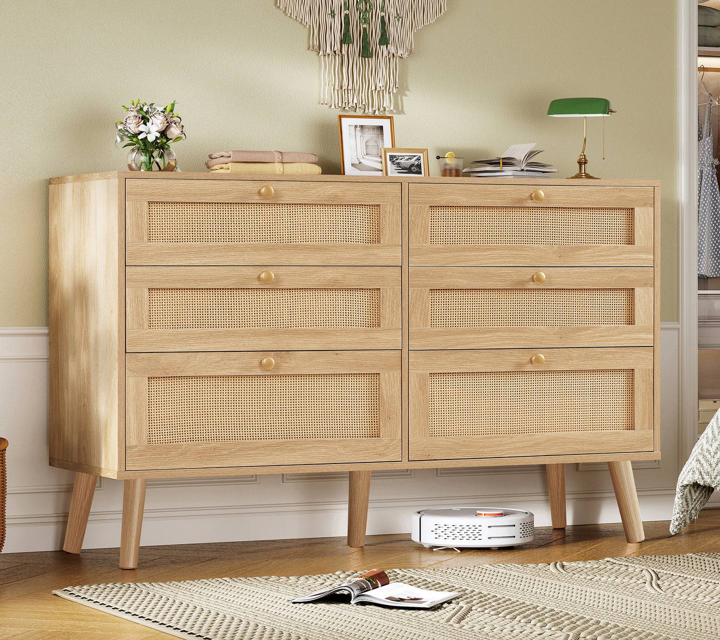 TEENFON 47.2''Wide 6 Drawer Rattan Dresser, Boho Dresser for Bedroom, Chest of Drawers, Closet Organizer, Natural Wood Dresser Chest for Bedroom, Living Room, Entryway, Natural