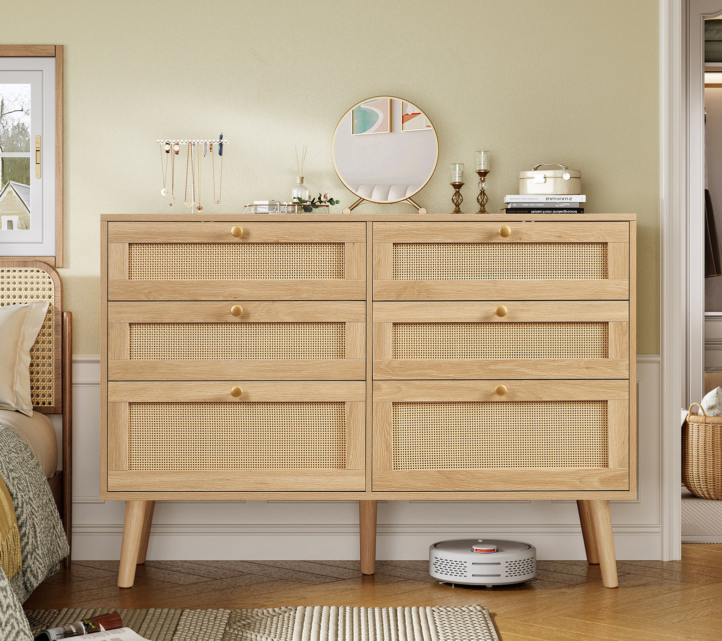 TEENFON 47.2''Wide 6 Drawer Rattan Dresser, Boho Dresser for Bedroom, Chest of Drawers, Closet Organizer, Natural Wood Dresser Chest for Bedroom, Living Room, Entryway, Natural